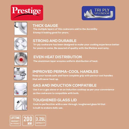 Prestige Tri Ply Splendor Stainless Steel Gas and Induction Compatible Casserole with Glass Lid, (Silver)