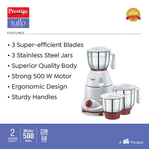 Prestige 500 Watts Tulip Classic Mixer Grinder with 3 Stainless Steel Jars