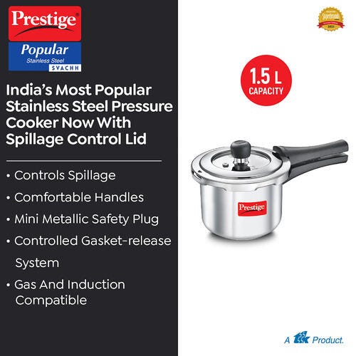 Prestige Svachh Popular Spillage Control Stainless Steel Pressure Cooker, (Silver) | Gas and Induction Compatible