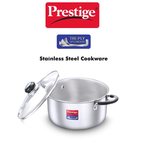 Prestige 24cm/5.5L Tri-Ply Stainless Steel Splendor Casserole with Glass Lid|Gas and Induction Compatible| Even Heat Distribution|Strong and Durable| Perma-Cool Handles| Lifetime Warranty