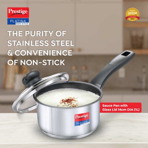 Prestige Platina Non-stick Stainless Steel Round Base Sauce Pan with Glass Lid, 14cm, 1L (Silver)
