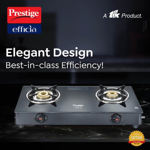 Prestige Efficia LP Gas Stove with Powder-Coated Body, Glass Top & 2 Brass Burners