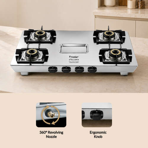 Prestige Stellora Stainless Steel L.P. Gas Stove (With Stainless Steel Body and 4 Unit Brass Burners)