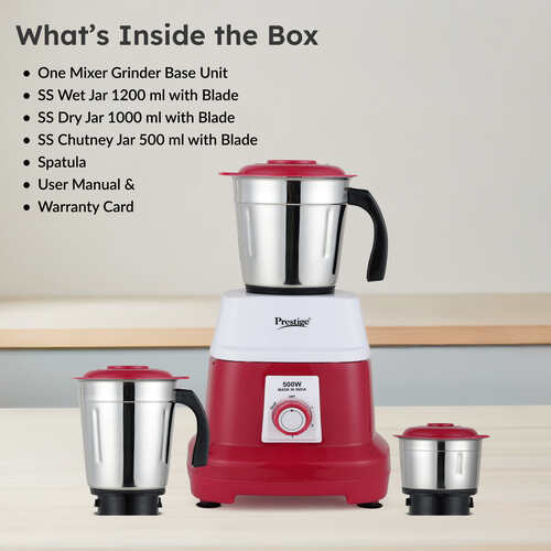 Prestige Orion Mixer Grinder 500 W, 3 Jars, (1500 ml, 1200 ml, 400 ml) (Multicolor)