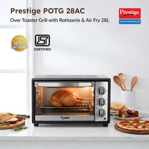 Prestige POTG 28AC 28 Litres OTG | 1500 Watts | Air Fry | Rotisserie | | 2 High Efficiency Heaters | Temperature Control with Timer | 5 Function Control | Crumb Tray |  2Y Warranty