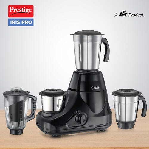 Prestige 750 Watts Iris Pro Mixer Grinder with 4 Jars (3 Stainless Steel Jars + 1 Juicer Jar)|4 Super Efficient Stainless Blades |Jar Storage Space|Sturdy Handles |2 Years Warranty|Black