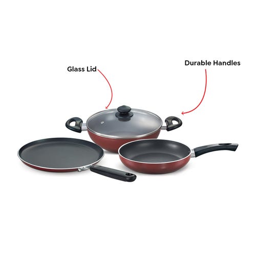 Prestige Omega Deluxe Induction Compatible Non-stick Kitchen Set (Omni Tawa 25 cm, Fry Pan 24 cm, Kadai with Glass Lid 24 cm Dia) (Maroon)