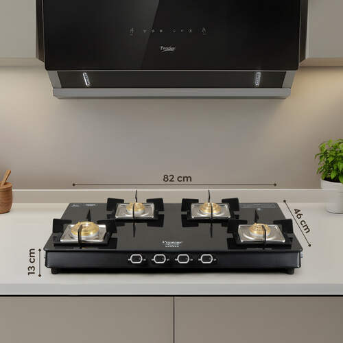 Prestige Royale Quadra 4 Burner Glasstop Glass Stove|Superior Toughened Glass with 5-Year Warranty| 3-Way Nozzle Design|Tri-Pin Jumbo Burner |Uniquely Designed Pan Support |Elegantly Designed Knobs