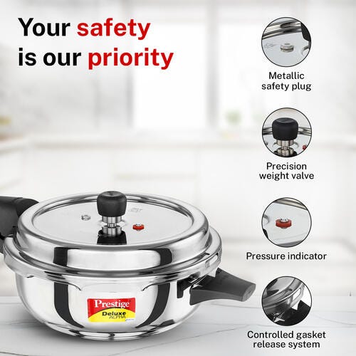 Prestige 4 Litre Stainless Steel Deluxe Alpha Svachh Outer Lid Senior Pressure Pan Cooker | 10Y Warranty| Deep Lid for Spillage Control | TRIPLY Base | GRS | Gas & Induction Compatible | ISI