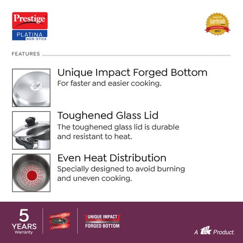 Prestige Platina Non-stick Stainless Steel Unique Impact Forged Bottom Casserole with Glass Lid (Silver)