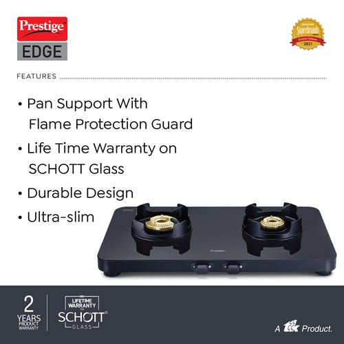Prestige Edge Manual Powder Coated Gas Stove, Black | Ultra-slim | World's Slimmest Cook-Top