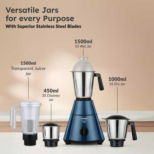 Prestige 750 Watts Grace Mixer Grinder with 4 Jars (3 Stainless Steel Jars + 1 Juice Jar)|4 Super Efficient Blades|Sturdy Handles|Dome Shaped Lid|Blue & Black