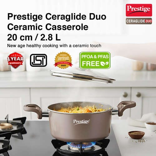 Prestige Ceraglide Duo Ceramic Coating Non Stick Aluminium Cookware Casserole with Glass Lid