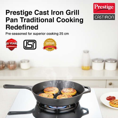 Prestige Cast Iron Scratch Resistant Gas and Induction Compatible Grill Pan, (Black)