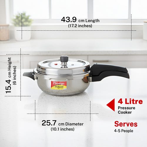Prestige 4 Litre Stainless Steel Deluxe Alpha Svachh Outer Lid Senior Pressure Pan Cooker | 10Y Warranty| Deep Lid for Spillage Control | TRIPLY Base | GRS | Gas & Induction Compatible | ISI