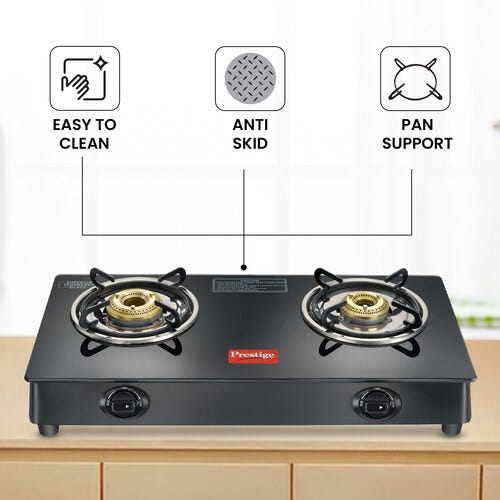Prestige IRIS Plus Auto Ignition Gas Stove | Toughened Black Glass-Top | Tri-Pin Brass Burners | Ergonomic Knob Design | Black