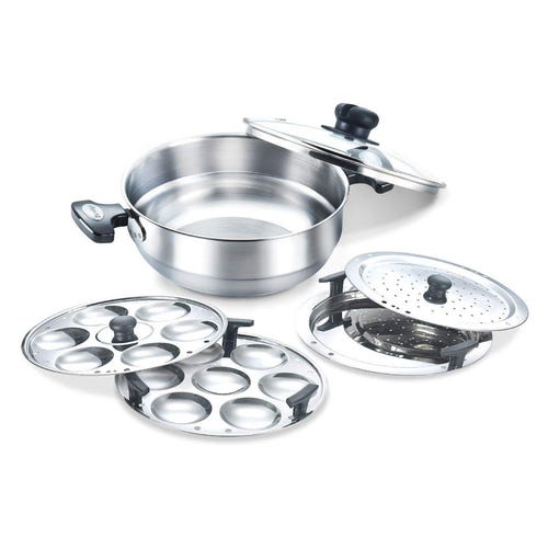 Prestige Stainless Steel Induction Base Multi-Kadai with Glass Lid (Dhokla Plate, Patra Plate, Idli Plates), 28cm (Silver)