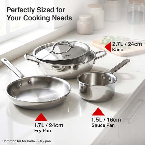 Prestige TRIPLY 4 Pc Cookware Set | TRIPLY Splendid | Fry Pan 24cm/1.7L | Kadai 24cm/2.7L | Sauce Pan 16cm/1.5L | SS Lid 24cm | Gas & Induction Compatible | Even Heat Distribution | 15Y Warranty | ISI