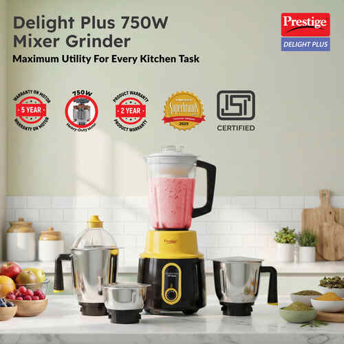 Prestige 750 Watts Delight Plus Mixer Grinder with 4 Jars (3 Stainless Steel Jars + 1 Juicer Jar)| Sturdy Handles| Superior-Grade ABS Body| Yellow and Black