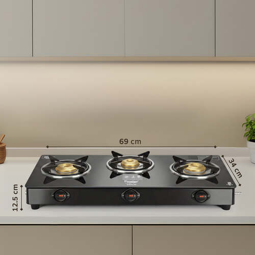 Prestige Efficia LP Gas Stove with Powder-Coated Body, Glass Top & 3 Brass Burners