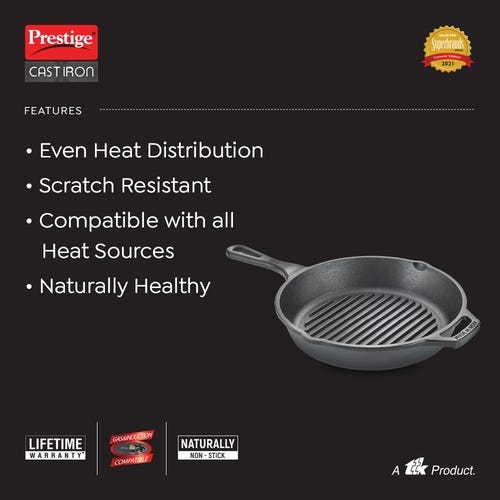 Prestige Cast Iron Scratch Resistant Gas and Induction Compatible Grill Pan, (Black)