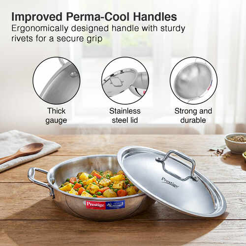 Prestige 20cm/1.6L Tri-Ply Stainless Steel Splendid Kadai with Lid|Gas and Induction Compatible|Even Heat Distribution| Thick Gauge Tri-Ply Body| Perma Cool Handles|15 Year Warranty