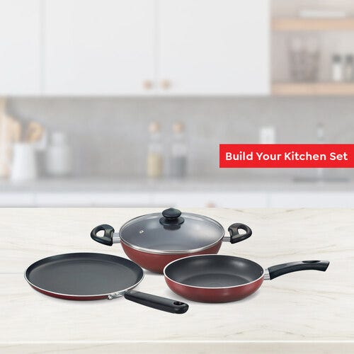 Prestige Omega Deluxe Induction Compatible Non-stick Kitchen Set (Omni Tawa 25 cm, Fry Pan 24 cm, Kadai with Glass Lid 24 cm Dia) (Maroon)