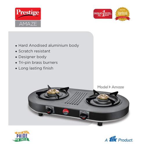 Prestige Amaze Manual Hard Anodised Aluminium 2 Burners Gas Stove, Grey