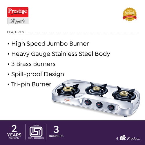 Prestige Royale Stainless Steel Gas Stove (3 Burners) - GS 03 LE