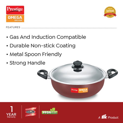 Prestige (30cm/ 6L) Omega Deluxe Non-Stick Kadai with Stainless Steel Lid|Gas and Induction Compatible (Red)