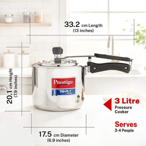 Prestige 3 Litre TRIPLY Svachh Inner Lid Pressure Cooker | Deep Lid for Spillage Control | Visual Pressure Indicator | Metallic Safety Plug | VPI | Gas & Induction Compatible | 5Y Warranty | ISI