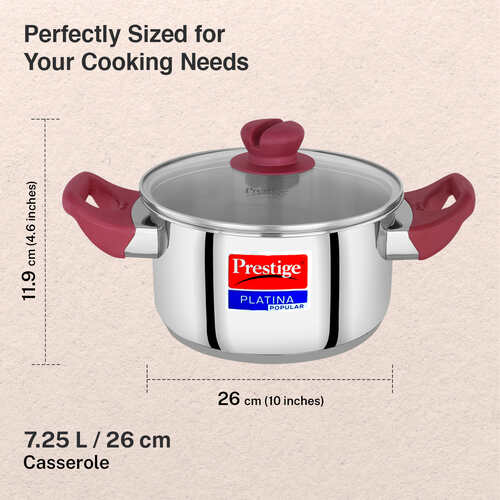 Prestige Platina Popular Stainless Steel Unique Impact Forged Bottom Casserole with Glass Lid, 26cm (7.25 L) (Silver)