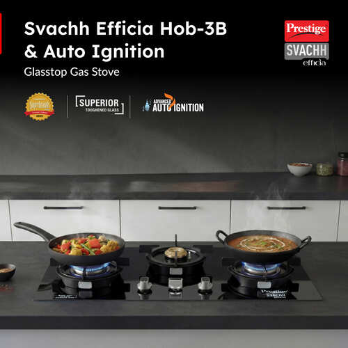 Prestige Svachh Efficia Hob 03 AI (with Toughened Glass Top Multi Spark Ignition System & 3 Brass Burners)