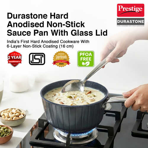 Prestige Durastone Hard Anodised 6 Layer Non-Stick Tea Pan with Glass Lid, (16 cm, 1.2 Litre) (Black)
