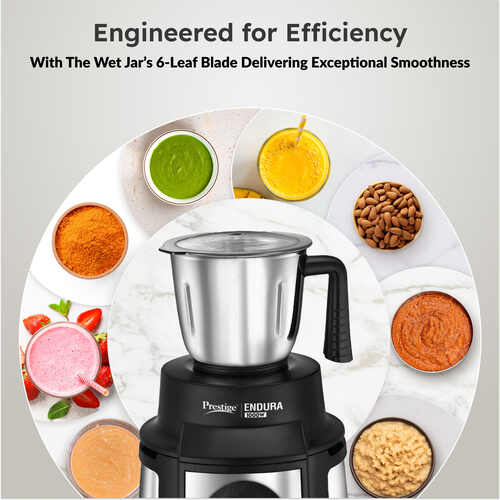 Prestige Endura 1000 Watt Mixer Grinder with 4 Jars | Heavy-Duty Ball Bearing Copper Motor | 3 Stainless Steel + 1 Juicer | Super Efficient SS Blades | Black | 5Y Motor Warranty