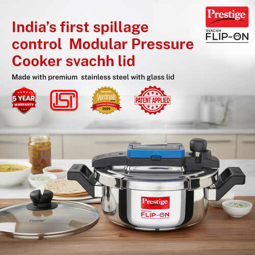 Prestige Svachh Flip-on Stainless Steel Spillage Control Pressure Cooker with Glass Lid, 3 Litre (Silver)