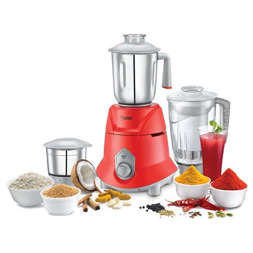 Prestige 750 Watts Supra Blender Mixer Grinder with 3 Jars (2 Stainless Steel Jars + 1 Juicer Jar)|Compact Design| Flow Breaker Design| 2 Years Warranty