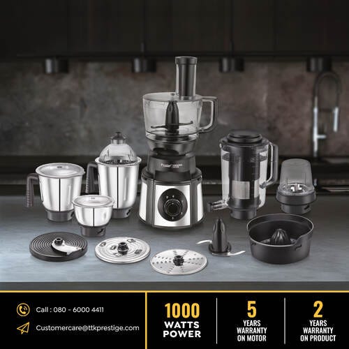 Prestige Endura Pro 1000 Watt Multi Functional Mixer Grinder | Heavy-Duty Ball Bearing Copper Motor | 6 Jars with Food Processing Attachments | 14 Functions in One | 5Y Motor Warranty