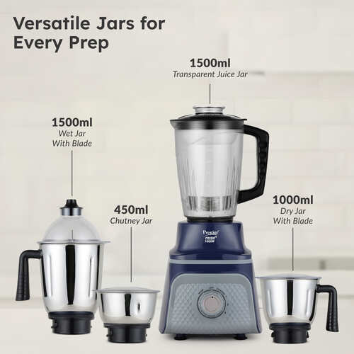 Prestige Prism Plus 1000W Mixer Grinder with 3 Stainless Steel Jars & 1.5L Transparent Juicer Jar – Wet 1.5L, Dry 1.0L, Chutney 450ml | Heavy Duty Motor