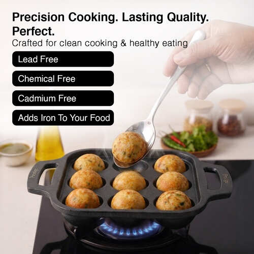 Prestige Cast Iron Paniyarakkal/Appe Patra 9 pit | Ferrocast Flo | Non-Stick | Gas & Induction Compatible | Chemical Free | Preseasoned | Sturdy Handle | Healthy Eating | Lifetime Warranty