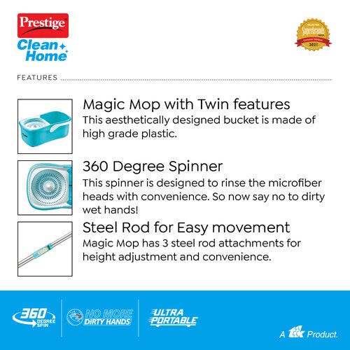 Prestige CleanHome PSB 05 Plastic Magic Mop with Two Mop Heads and Twin Bucket, 4.5L (Blue)