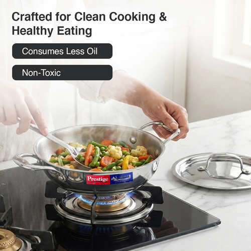 Prestige 20cm/1.6L Tri-Ply Stainless Steel Splendid Kadai with Lid|Gas and Induction Compatible|Even Heat Distribution| Thick Gauge Tri-Ply Body| Perma Cool Handles|15 Year Warranty