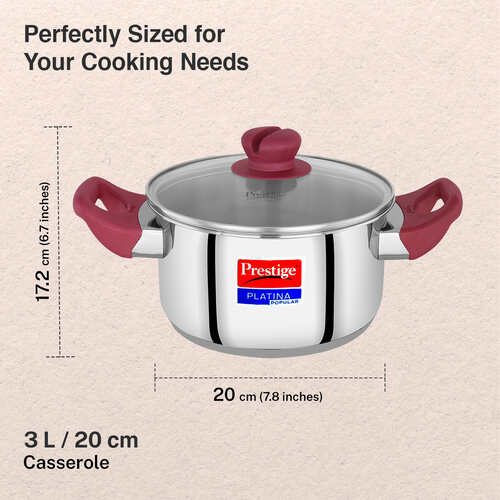 Prestige Platina Popular Stainless Steel Unique Impact Forged Bottom Casserole with Glass Lid, 20cm (3 L) (Silver)