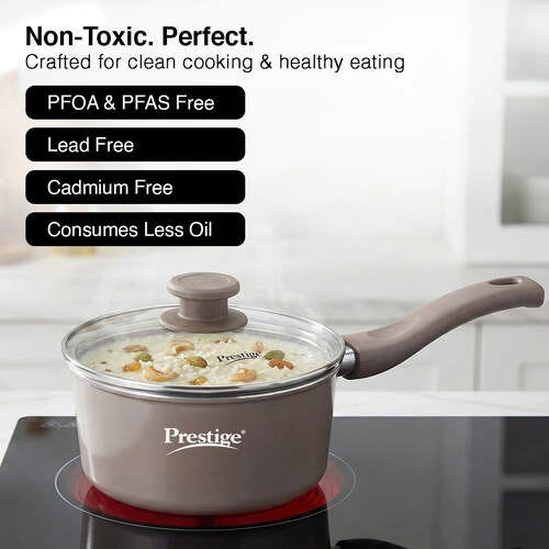 Prestige Ceraglide Duo Ceramic Coating Non Stick Aluminium Cookware Sauce Pan Dia 16 cm (1.4 Litre) with Glass Lid