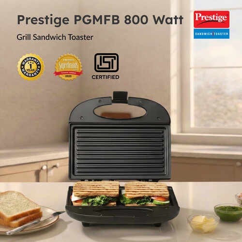 Prestige PGMFB 800 Watt Grill Sandwich Toaster | Non-Stick Grill Plates | Heat Resistant Bakelite Body | Auto Cut Off | Power & Ready Indicators | Easy to Clean | Black | 1Y Warranty | ISI Certified