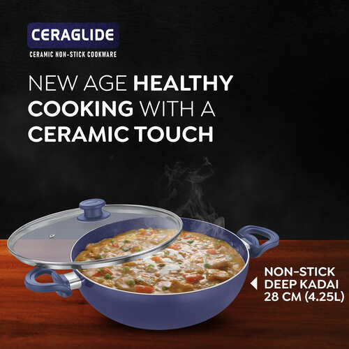 Prestige Ceraglide Ceramic Coated 4.5L(28cm) Non-Stick Kadai with glass lid|Consumes Less Oil|Preferred For High Heating & Even Heating|Stain-Resistant|Gas & Induction Compatible|No Harmful Chemicals