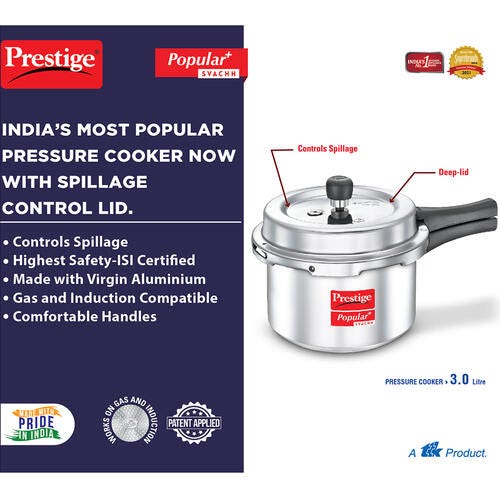 Prestige Popular Plus Svachh Virgin Aluminium Spillage Control Pressure Cooker, 3 L (Silver)