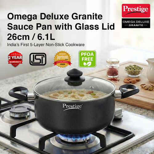 Prestige Omega Deluxe Granite Non-stick Round Base Sauce Pan with Glass Lid, 26cm, 5.75 L (Black)