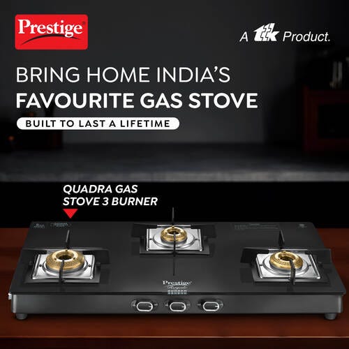 Prestige Royale Quadra 3 Burner Glasstop Glass Stove|Superior Toughened Glass with 5-Year Warranty| 3-Way Nozzle Design|Tri-Pin Jumbo Burner |Uniquely Designed Pan Support |Elegantly Designed Knobs