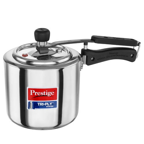 Prestige 3 Litre TRIPLY Svachh Inner Lid Pressure Cooker | Deep Lid for Spillage Control | Visual Pressure Indicator | Metallic Safety Plug | VPI | Gas & Induction Compatible | 5Y Warranty | ISI